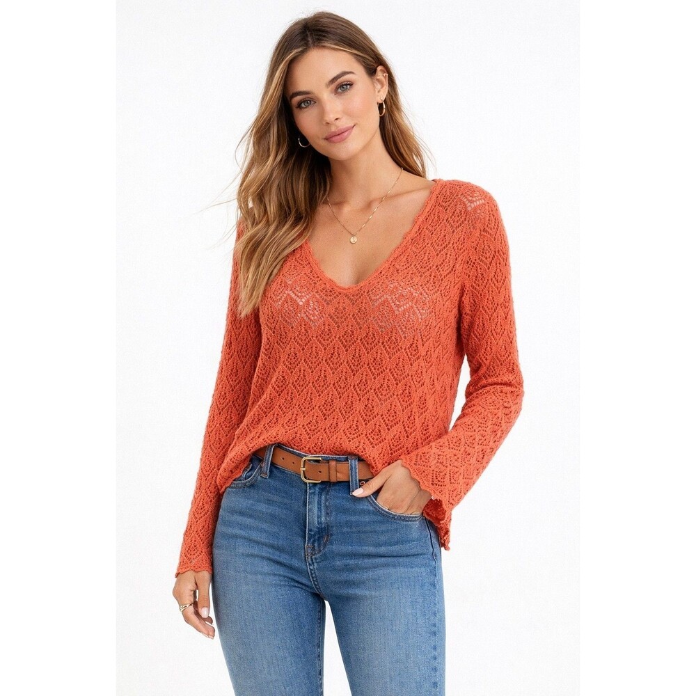 90s Vintage Coral Crochet Sweater Top Sz L Mercerized Cotton Boho Beach Cover Up